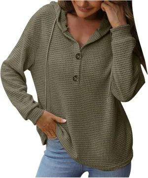 Hoodies for Women Waffle Knit Tops Drawstring Hoodie Casual Button V Neck Long Sleeve Hooded Pullover Sweatshirt