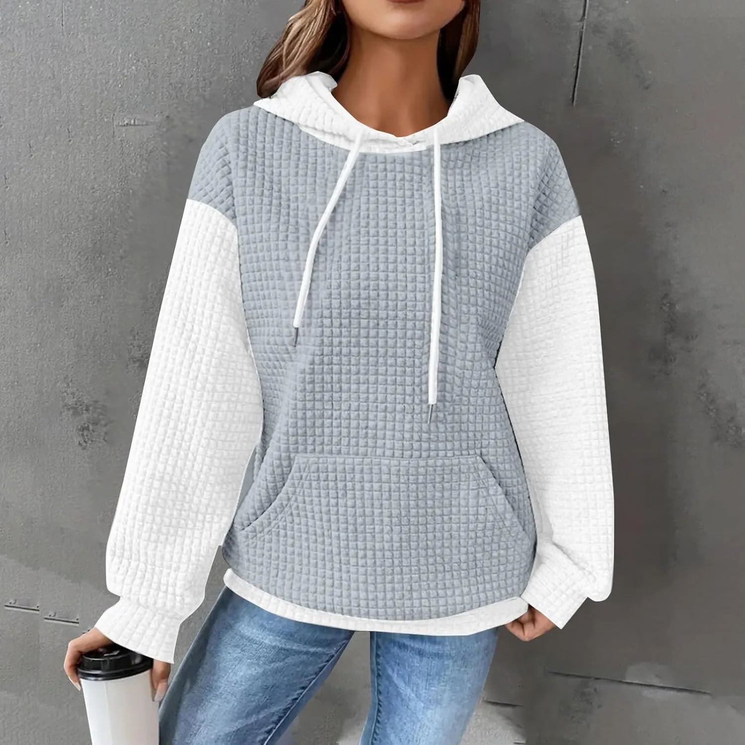 Hoodies For Women,2024 Fall Trendy Waffle Long Sleeve Drawstring Pullover Tops Casual Preppy Sweatshirt With Pockets