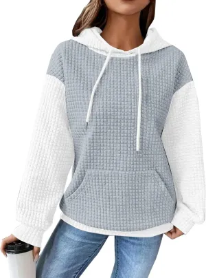 Hoodies For Women,2024 Fall Trendy Waffle Long Sleeve Drawstring Pullover Tops Casual Preppy Sweatshirt With Pockets