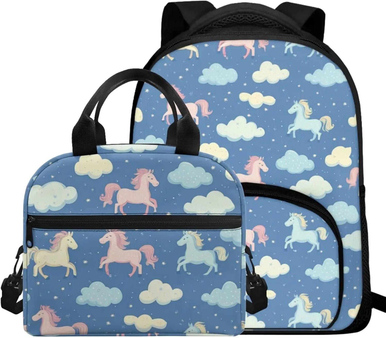 Horse Girls Backpack and Lunch Box Set Blue Cute Toddler School Backpack 3-4 Girls with Lunch Bag 2 in 1 Lightweight Thermal Lunch Bag with Adjustable Strap