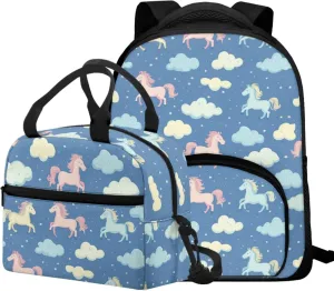Horse Girls Backpack and Lunch Box Set Blue Cute Toddler School Backpack 3-4 Girls with Lunch Bag 2 in 1 Lightweight Thermal Lunch Bag with Adjustable Strap