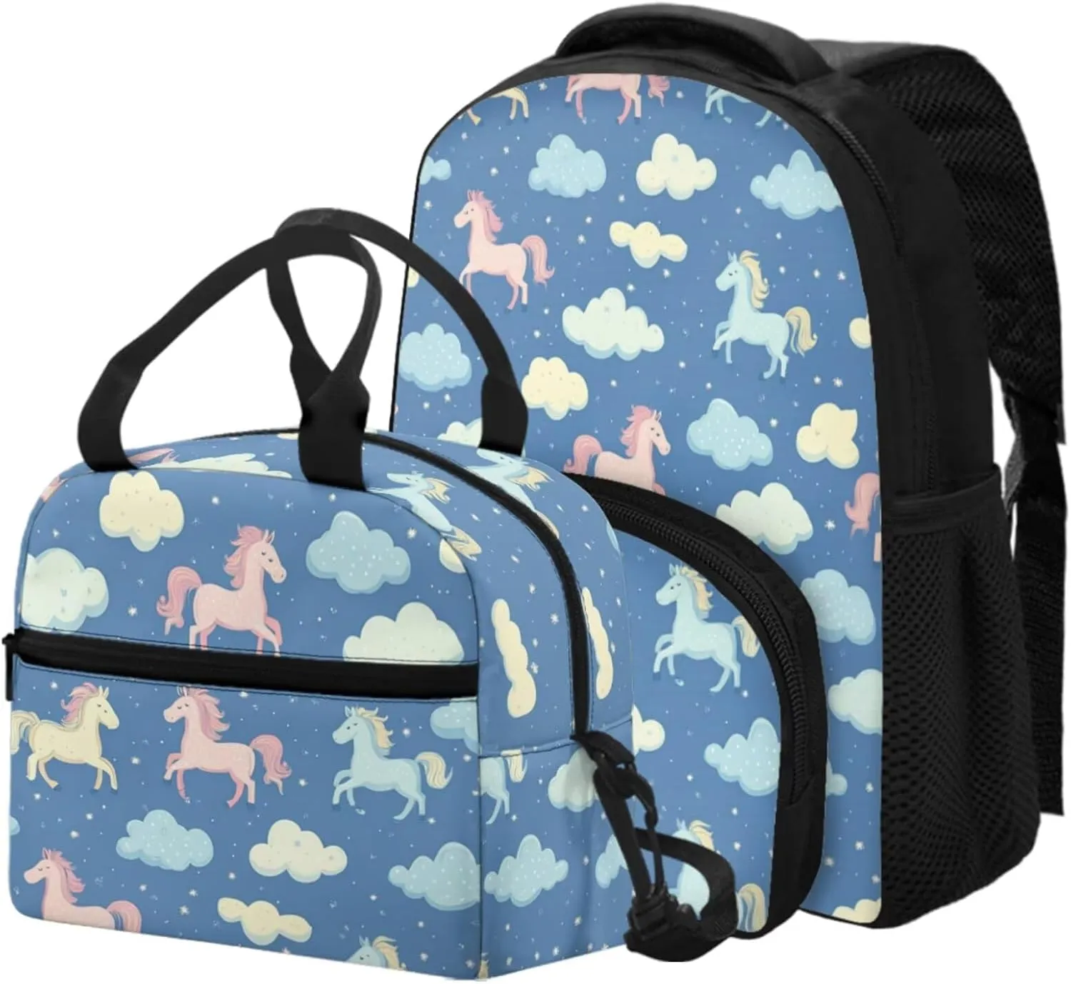 Horse Girls Backpack and Lunch Box Set Blue Cute Toddler School Backpack 3-4 Girls with Lunch Bag 2 in 1 Lightweight Thermal Lunch Bag with Adjustable Strap