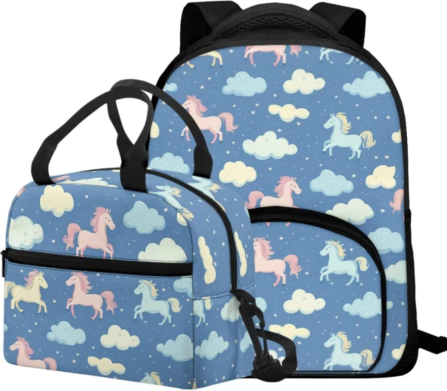 Horse Girls Backpack and Lunch Box Set Blue Cute Toddler School Backpack 3-4 Girls with Lunch Bag 2 in 1 Lightweight Thermal Lunch Bag with Adjustable Strap