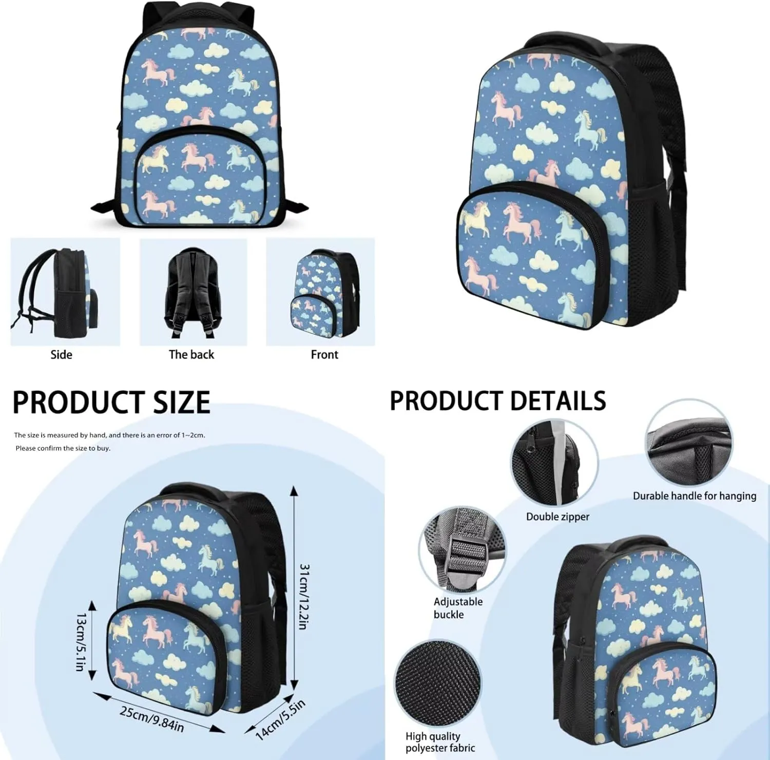 Horse Girls Backpack and Lunch Box Set Blue Cute Toddler School Backpack 3-4 Girls with Lunch Bag 2 in 1 Lightweight Thermal Lunch Bag with Adjustable Strap