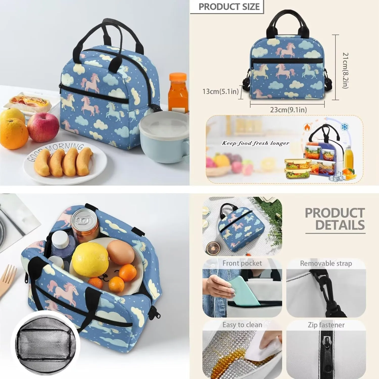 Horse Girls Backpack and Lunch Box Set Blue Cute Toddler School Backpack 3-4 Girls with Lunch Bag 2 in 1 Lightweight Thermal Lunch Bag with Adjustable Strap