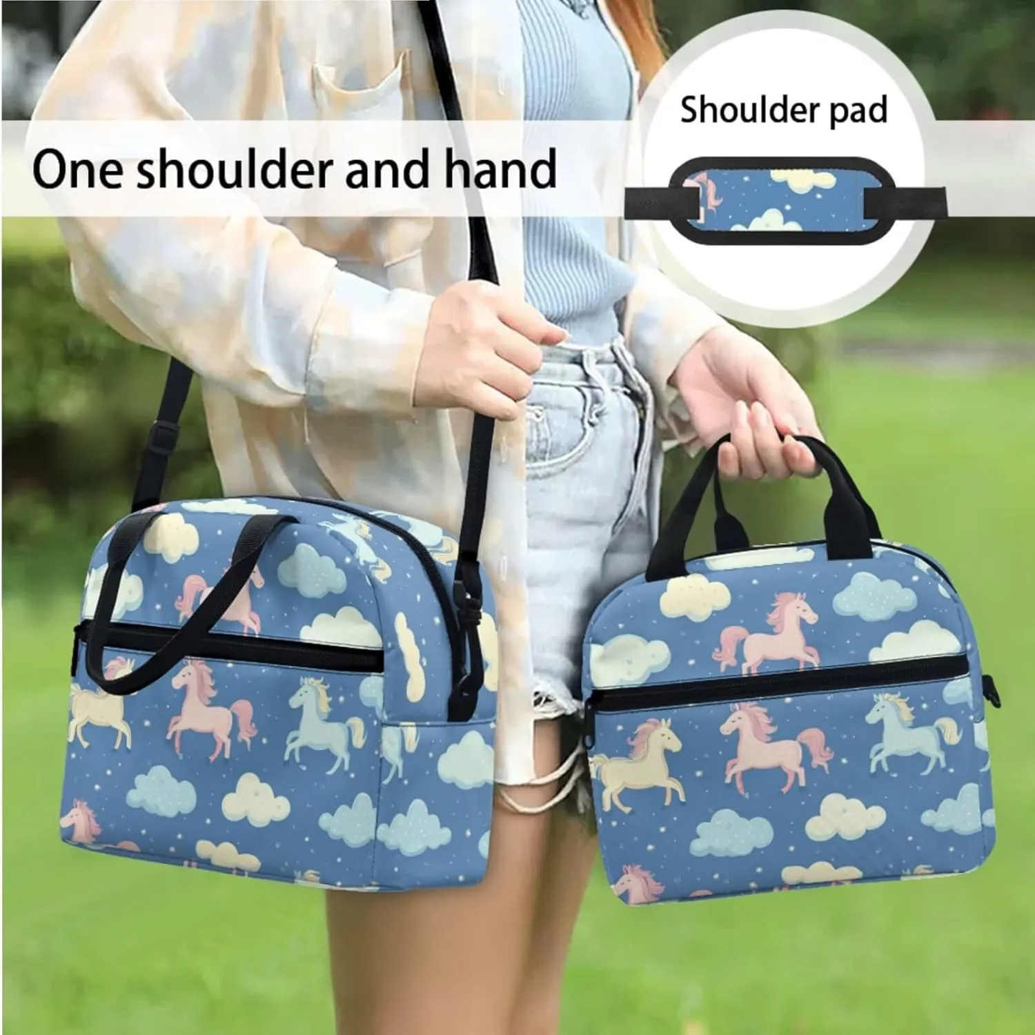 Horse Girls Backpack and Lunch Box Set Blue Cute Toddler School Backpack 3-4 Girls with Lunch Bag 2 in 1 Lightweight Thermal Lunch Bag with Adjustable Strap