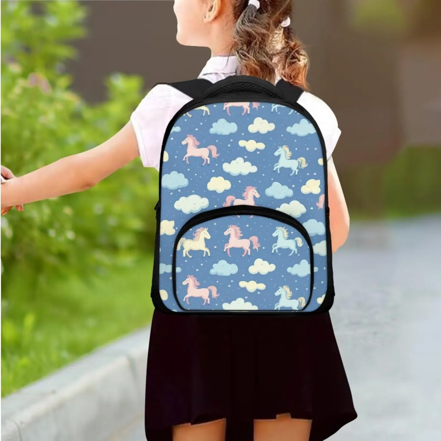 Horse Girls Backpack and Lunch Box Set Blue Cute Toddler School Backpack 3-4 Girls with Lunch Bag 2 in 1 Lightweight Thermal Lunch Bag with Adjustable Strap