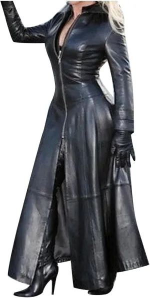 Howley Womens Sexy Faux Leather Jacket Solid Color Long Windbreaker Coat Trendy Full Sleeve Zip Up Trench Outerwear