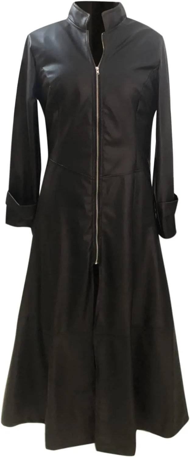 Howley Womens Sexy Faux Leather Jacket Solid Color Long Windbreaker Coat Trendy Full Sleeve Zip Up Trench Outerwear