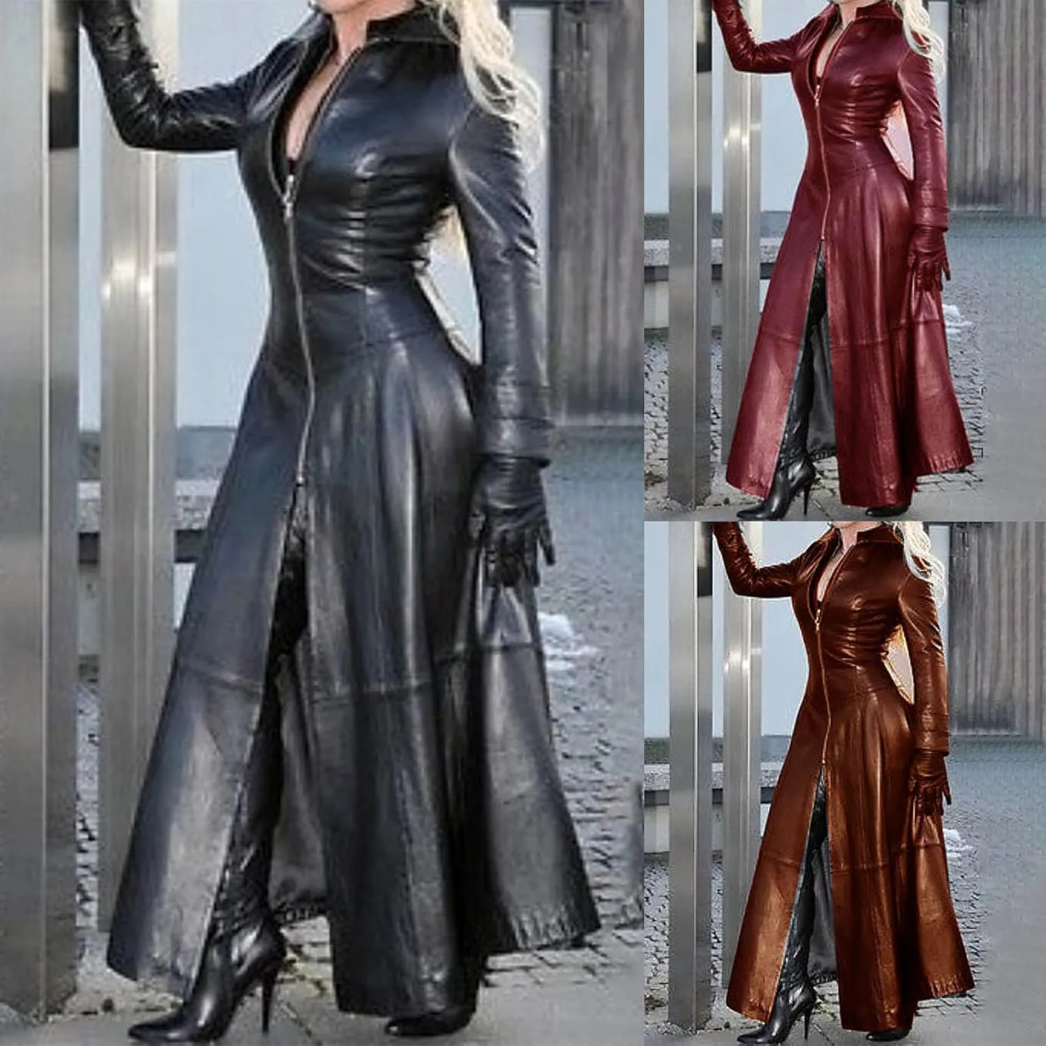 Howley Womens Sexy Faux Leather Jacket Solid Color Long Windbreaker Coat Trendy Full Sleeve Zip Up Trench Outerwear