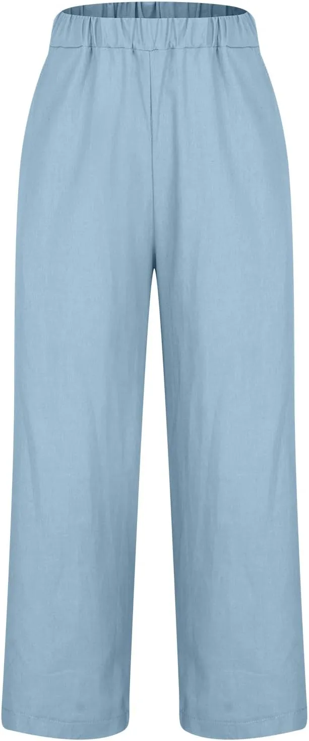 Hvyesh Linen Pants Women Summer, Womens Linen Pants Petite Length Elastic Waist Wed Leg, Straight Leg Pants for Women Casual