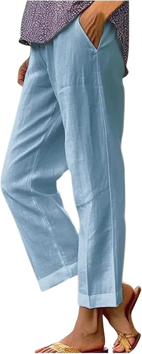 Hvyesh Linen Pants Women Summer, Womens Linen Pants Petite Length Elastic Waist Wed Leg, Straight Leg Pants for Women Casual