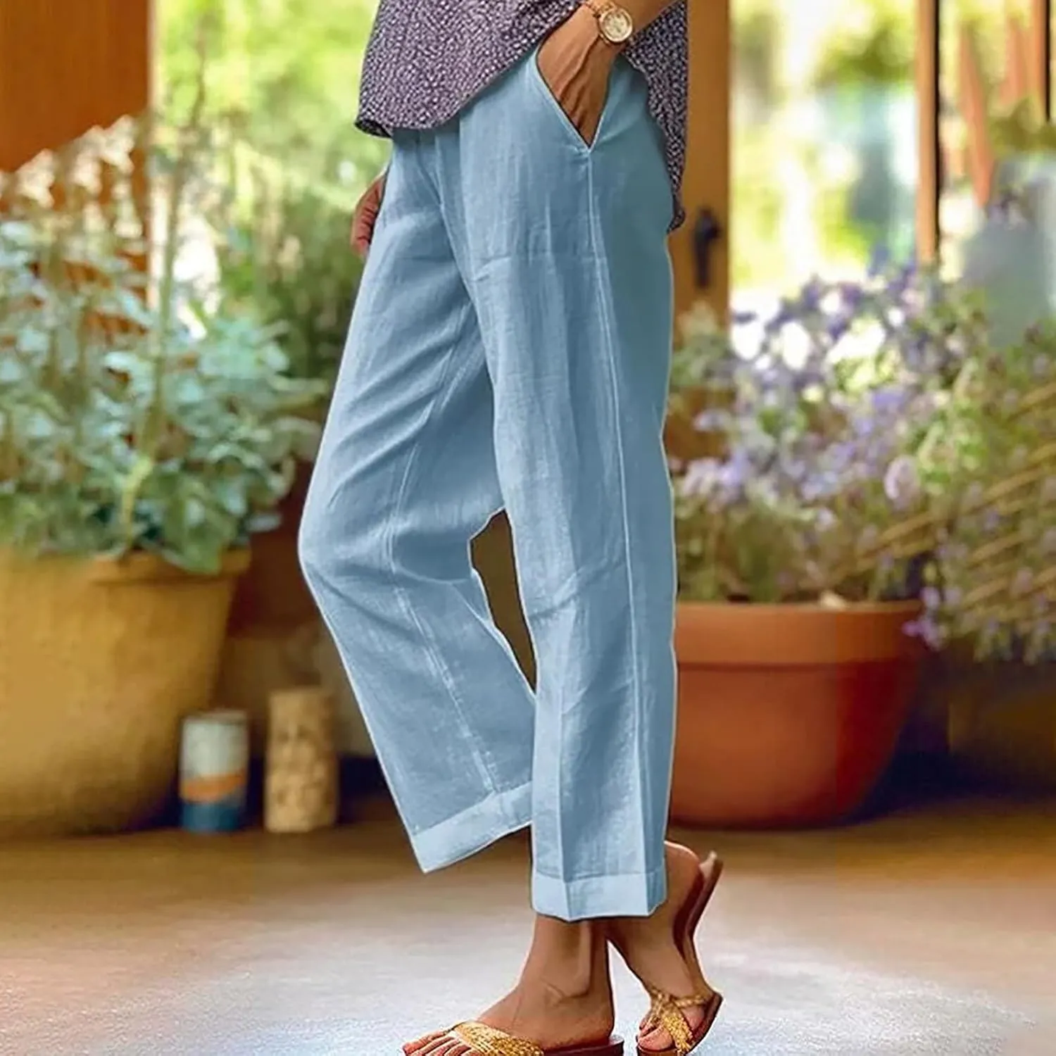 Hvyesh Linen Pants Women Summer, Womens Linen Pants Petite Length Elastic Waist Wed Leg, Straight Leg Pants for Women Casual
