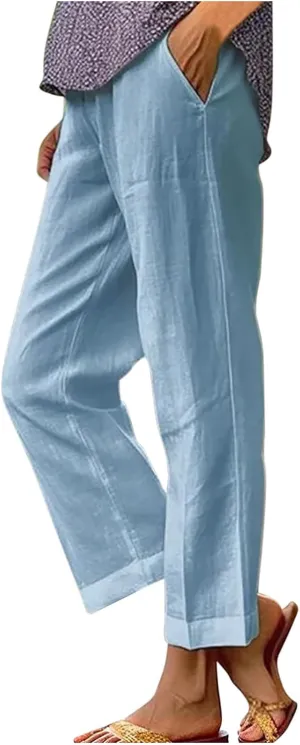 Hvyesh Linen Pants Women Summer, Womens Linen Pants Petite Length Elastic Waist Wed Leg, Straight Leg Pants for Women Casual