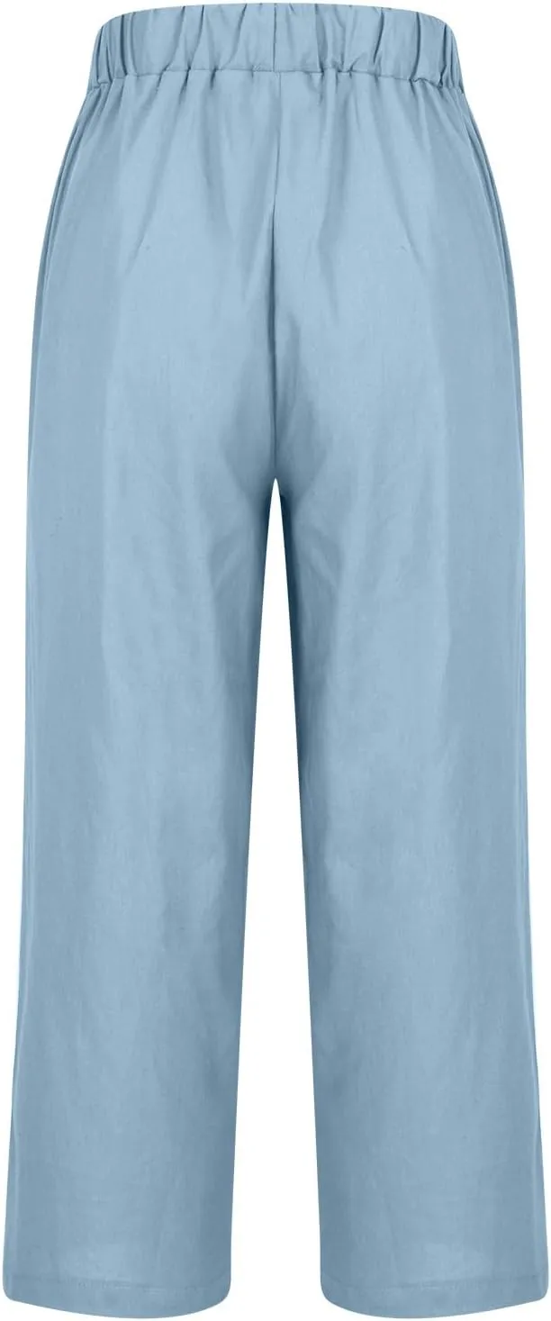 Hvyesh Linen Pants Women Summer, Womens Linen Pants Petite Length Elastic Waist Wed Leg, Straight Leg Pants for Women Casual