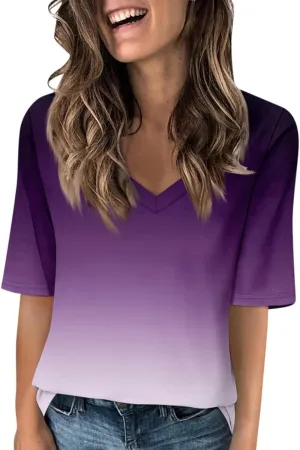 HXHYQKP Elbow Length Tops for Women V Neck T Shirts Casual Half Sleeve Tops Basic Summer Tees