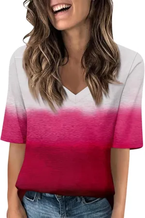 HXHYQKP Elbow Length Tops for Women V Neck T Shirts Casual Half Sleeve Tops Basic Summer Tees