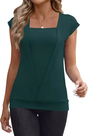 IECCP Cap Sleeve Tops for Women Square Neck Tops Business Casual Loose Fit Blouse Summer Fashion Outfits