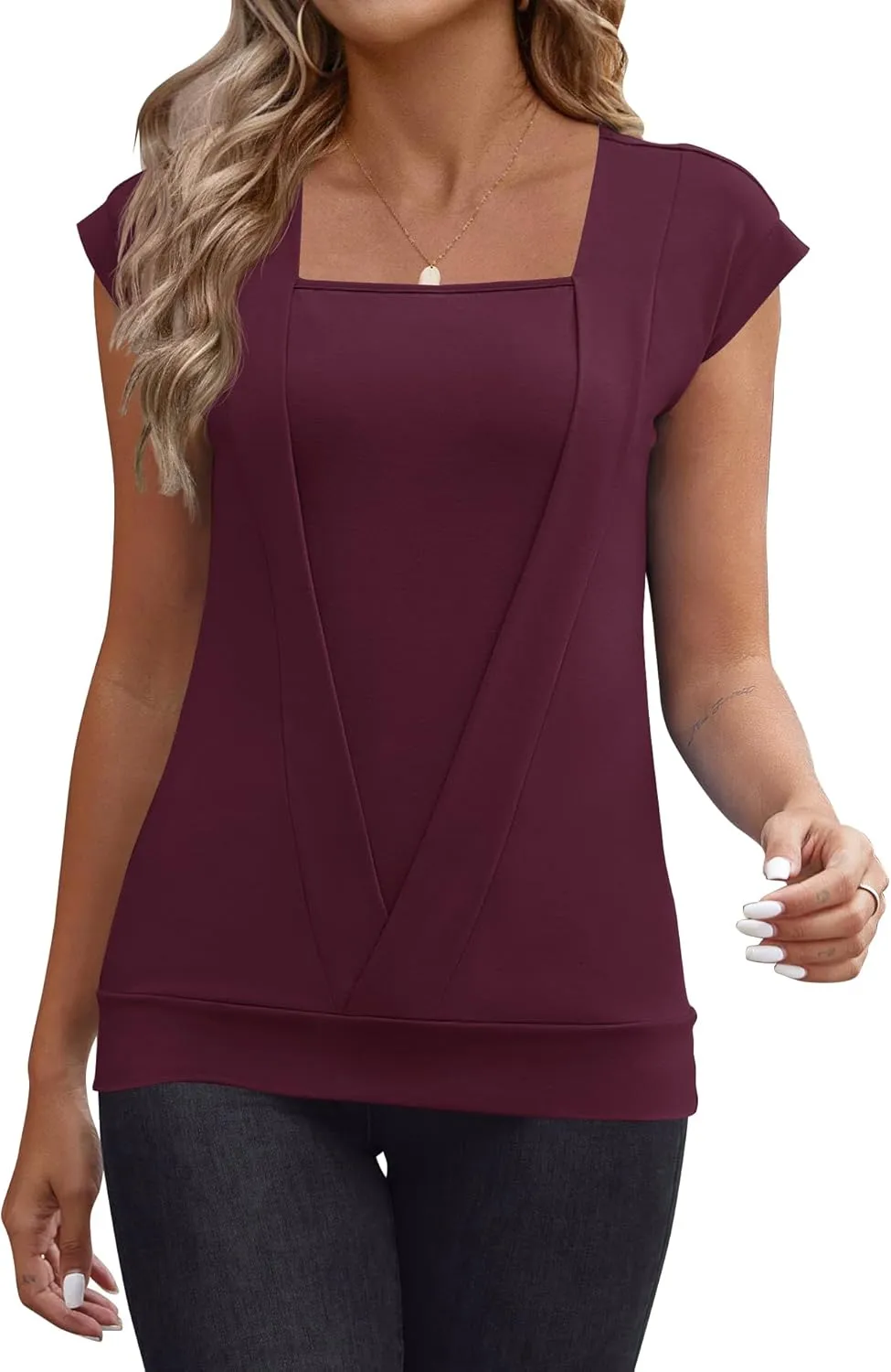 IECCP Cap Sleeve Tops for Women Square Neck Tops Business Casual Loose Fit Blouse Summer Fashion Outfits