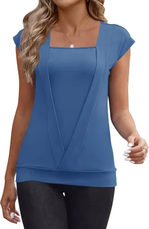 IECCP Cap Sleeve Tops for Women Square Neck Tops Business Casual Loose Fit Blouse Summer Fashion Outfits