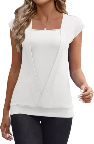 IECCP Cap Sleeve Tops for Women Square Neck Tops Business Casual Loose Fit Blouse Summer Fashion Outfits