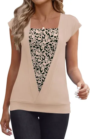 IECCP Cap Sleeve Tops for Women Square Neck Tops Business Casual Loose Fit Blouse Summer Fashion Outfits