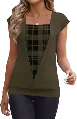 IECCP Cap Sleeve Tops for Women Square Neck Tops Business Casual Loose Fit Blouse Summer Fashion Outfits