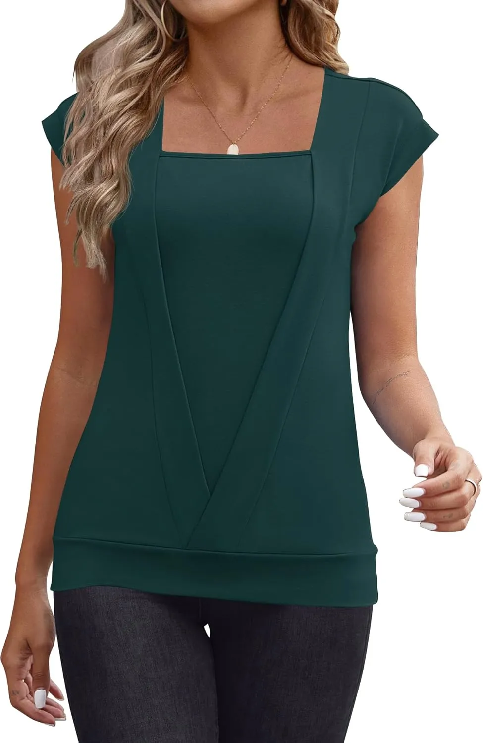 IECCP Cap Sleeve Tops for Women Square Neck Tops Business Casual Loose Fit Blouse Summer Fashion Outfits