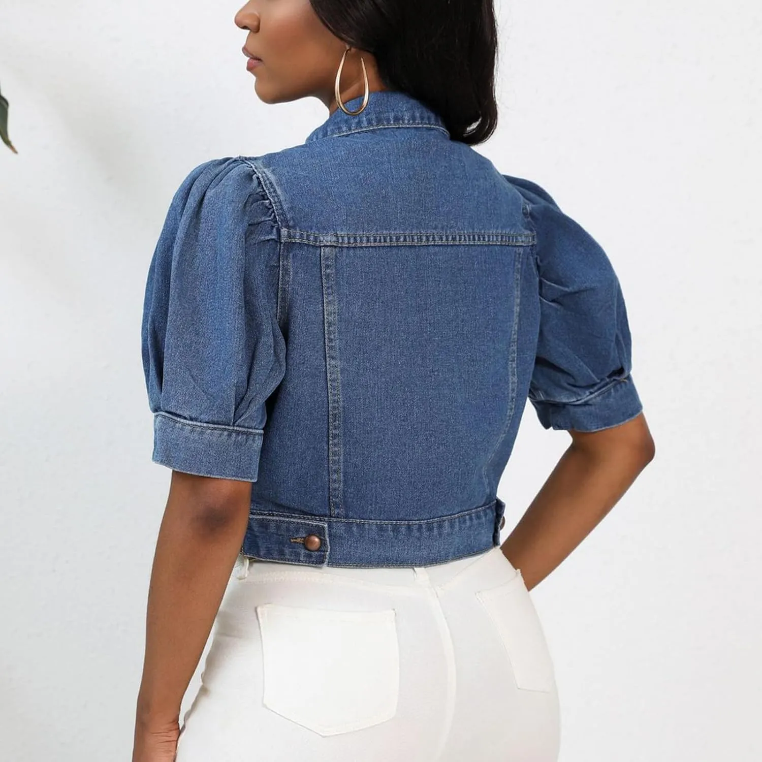 Jean Jacket for Women Trendy Puff Short Sleeve Denim Jackets Lapel Button Down Casual Vintage Lightweight Cropped Coat