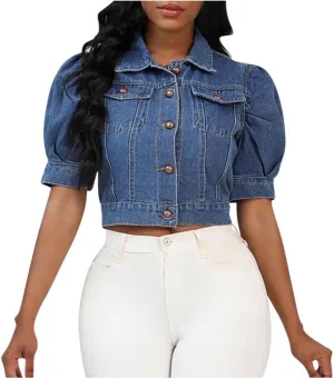 Jean Jacket for Women Trendy Puff Short Sleeve Denim Jackets Lapel Button Down Casual Vintage Lightweight Cropped Coat