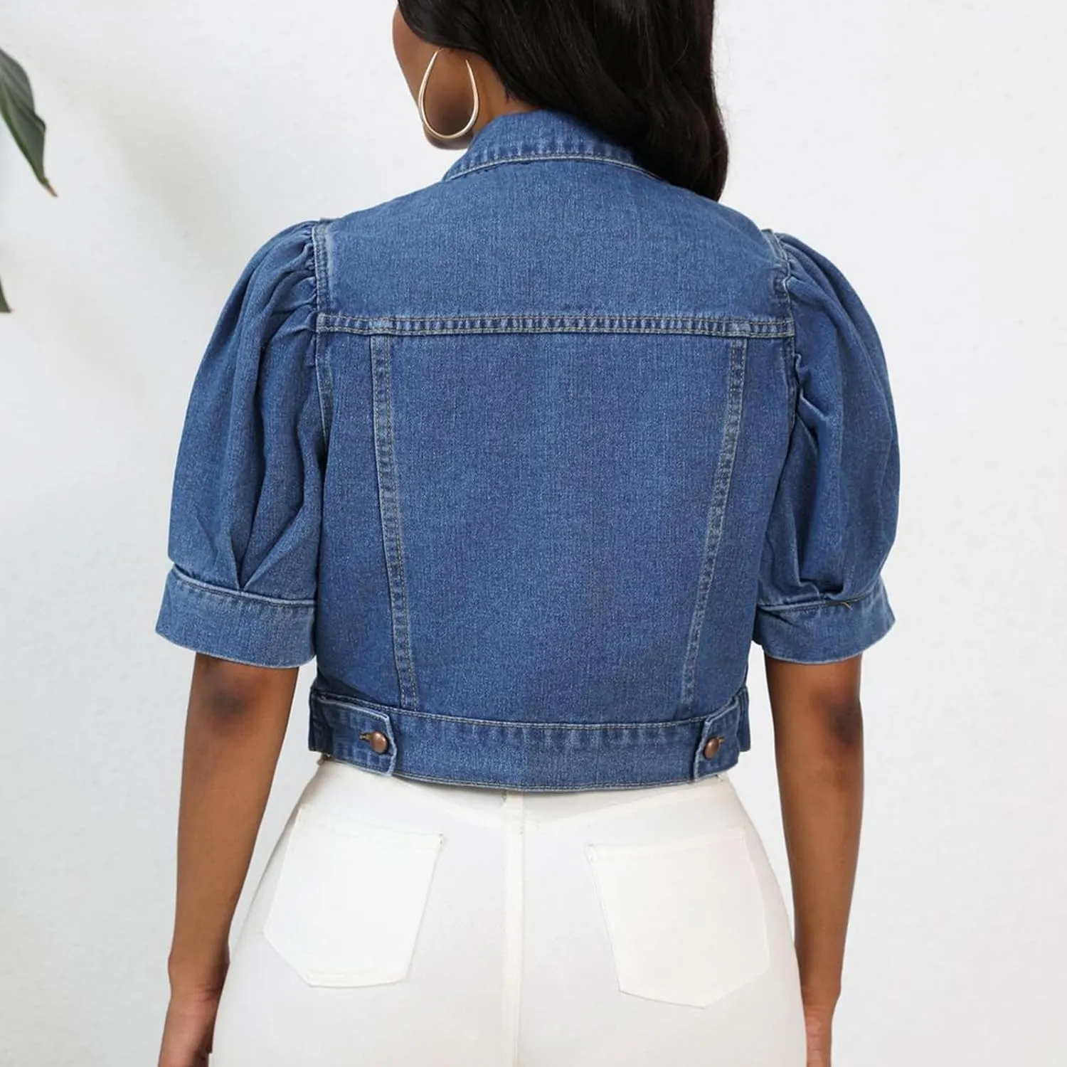 Jean Jacket for Women Trendy Puff Short Sleeve Denim Jackets Lapel Button Down Casual Vintage Lightweight Cropped Coat