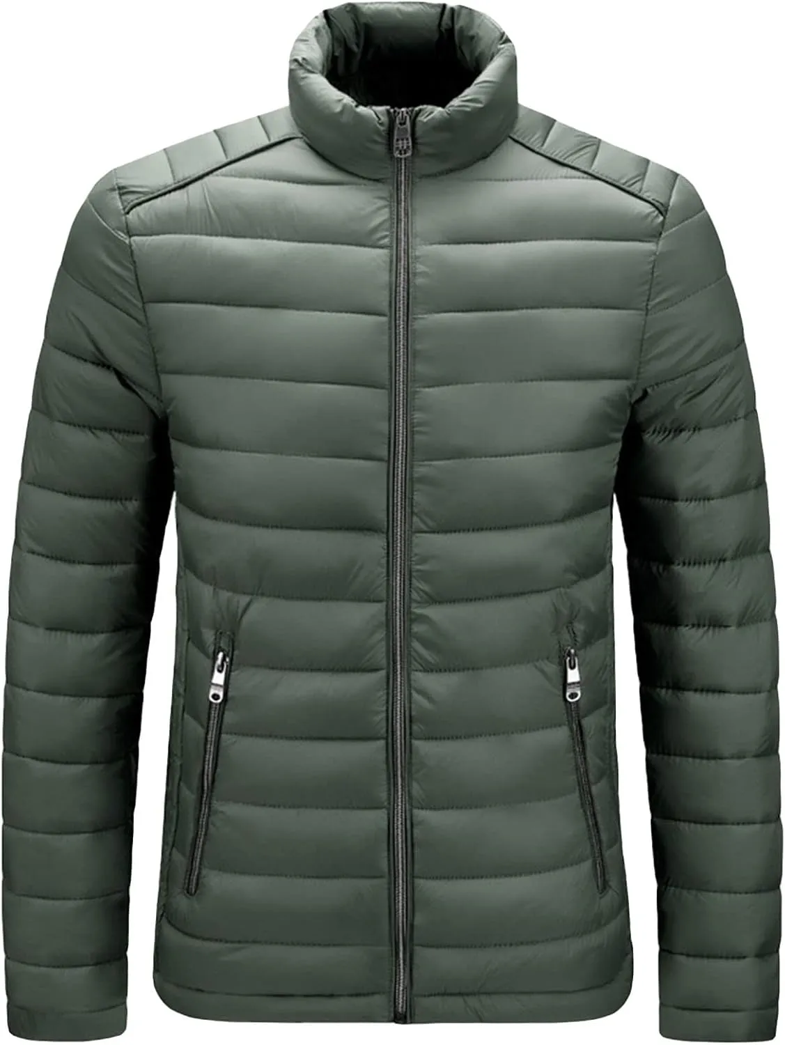 JEShifangjiusu Men Winter Cotton Padded Jacket Casual Stand Collar Hoodless Zipper Pocket Coat Thicken Long Sleeve Coats, Army Green, 6X-Large