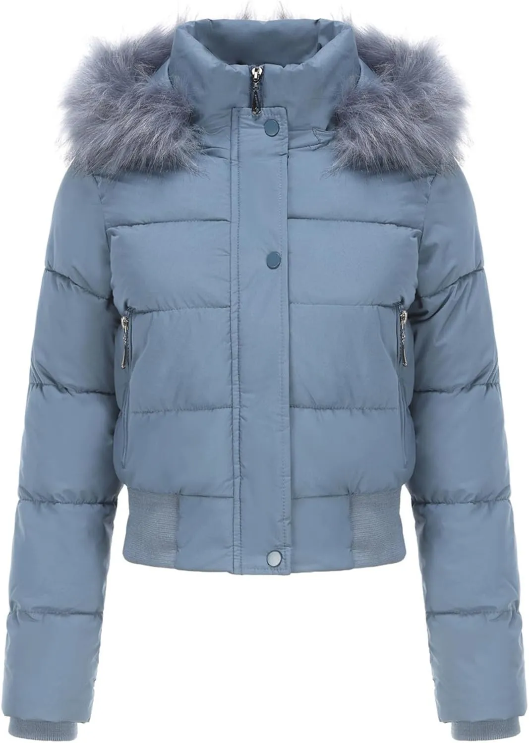 JOAU Women's Cotton Padded Puffer Jackets Zip Up Quilted Down Outwear Winter Warm Detachable Fur Hooded Pockets Short Coats