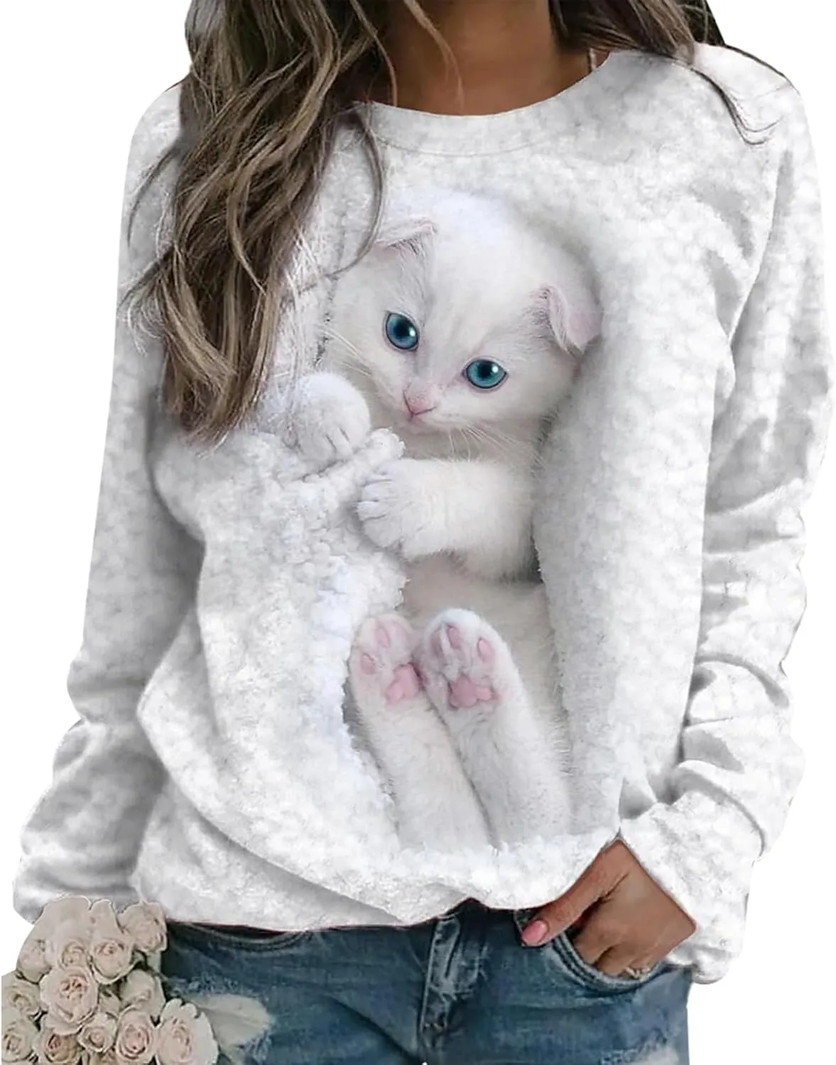 Karwuiio Women's Cat Graphic Hooded Sweatshirts Cute Long Sleeve Crew Neck Sweatshirt Oversized Pullover Tops