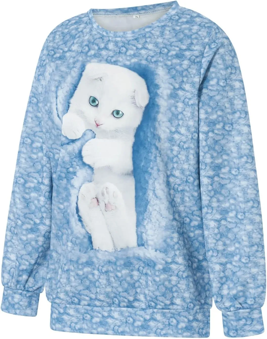 Karwuiio Women's Cat Graphic Hooded Sweatshirts Cute Long Sleeve Crew Neck Sweatshirt Oversized Pullover Tops