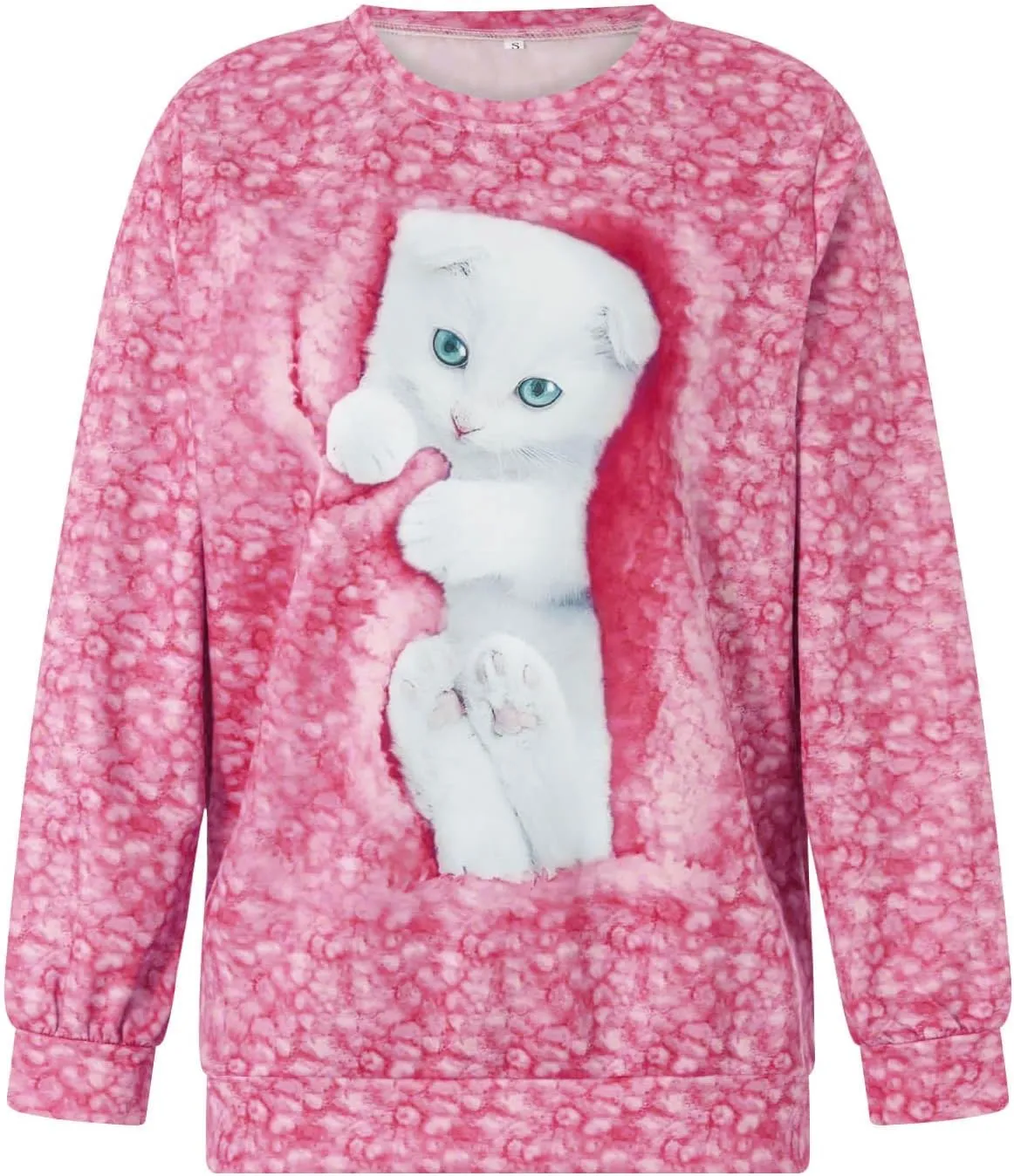 Karwuiio Women's Cat Graphic Hooded Sweatshirts Cute Long Sleeve Crew Neck Sweatshirt Oversized Pullover Tops