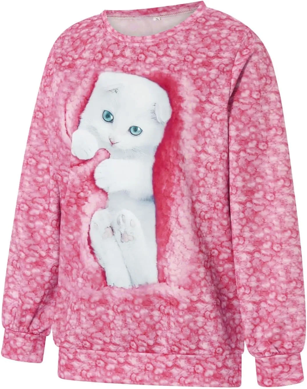 Karwuiio Women's Cat Graphic Hooded Sweatshirts Cute Long Sleeve Crew Neck Sweatshirt Oversized Pullover Tops