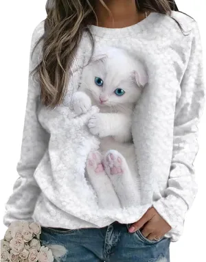 Karwuiio Women's Cat Graphic Hooded Sweatshirts Cute Long Sleeve Crew Neck Sweatshirt Oversized Pullover Tops