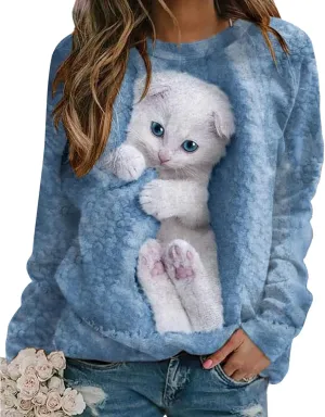 Karwuiio Women's Cat Graphic Hooded Sweatshirts Cute Long Sleeve Crew Neck Sweatshirt Oversized Pullover Tops