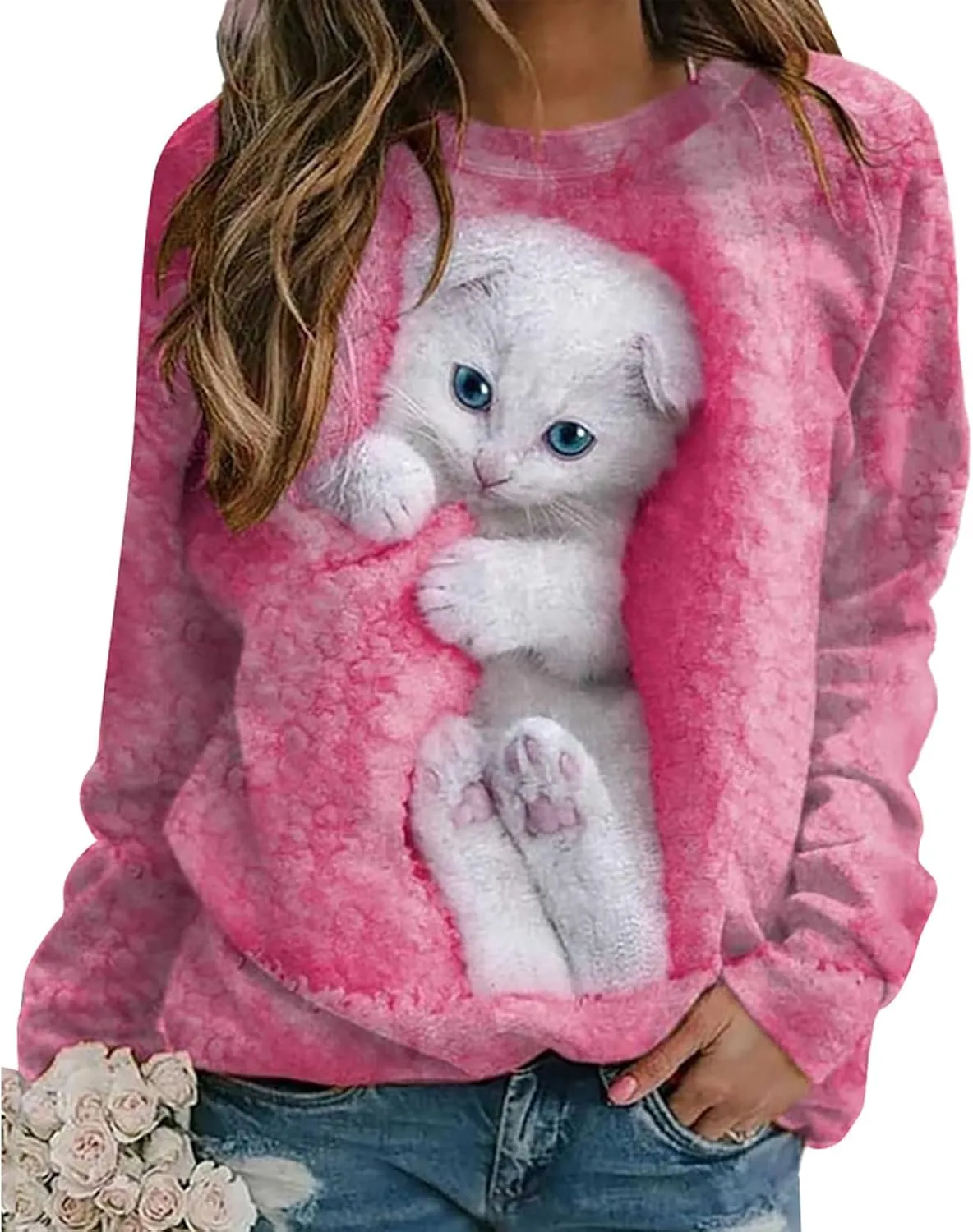 Karwuiio Women's Cat Graphic Hooded Sweatshirts Cute Long Sleeve Crew Neck Sweatshirt Oversized Pullover Tops