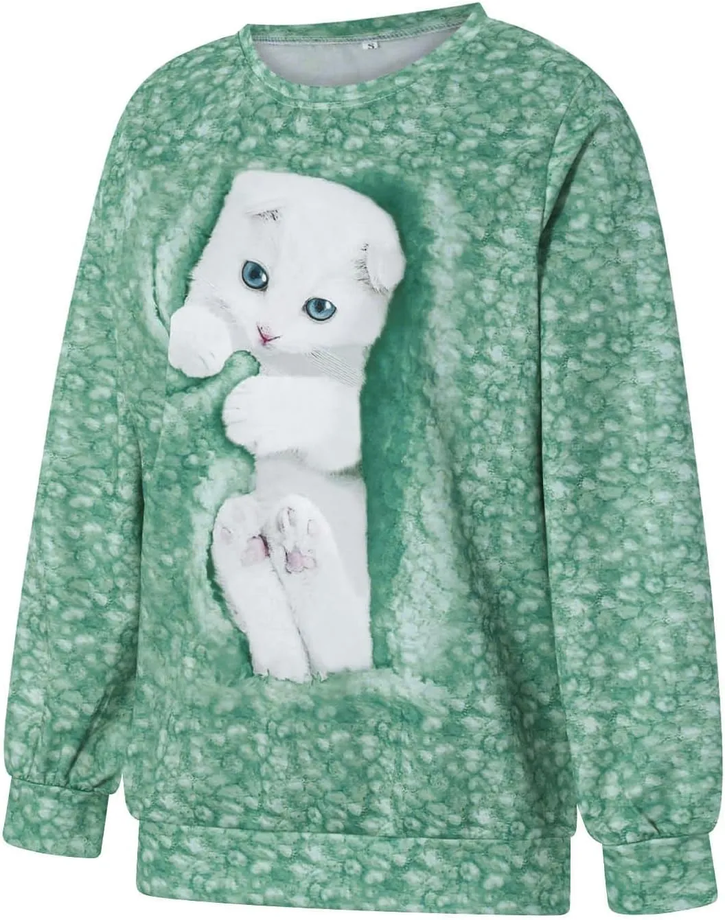 Karwuiio Women's Cat Graphic Hooded Sweatshirts Cute Long Sleeve Crew Neck Sweatshirt Oversized Pullover Tops