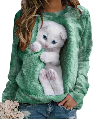 Karwuiio Women's Cat Graphic Hooded Sweatshirts Cute Long Sleeve Crew Neck Sweatshirt Oversized Pullover Tops
