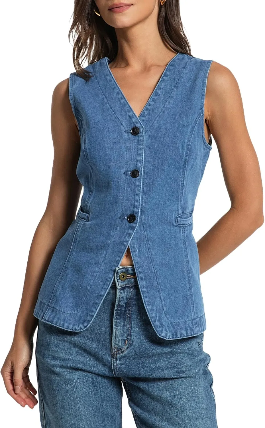 Kedera Denim Vest for Women Button Down Long Jean Waistcoat Casual Sleeveless Denim Jackets Slim Fit Jean Top