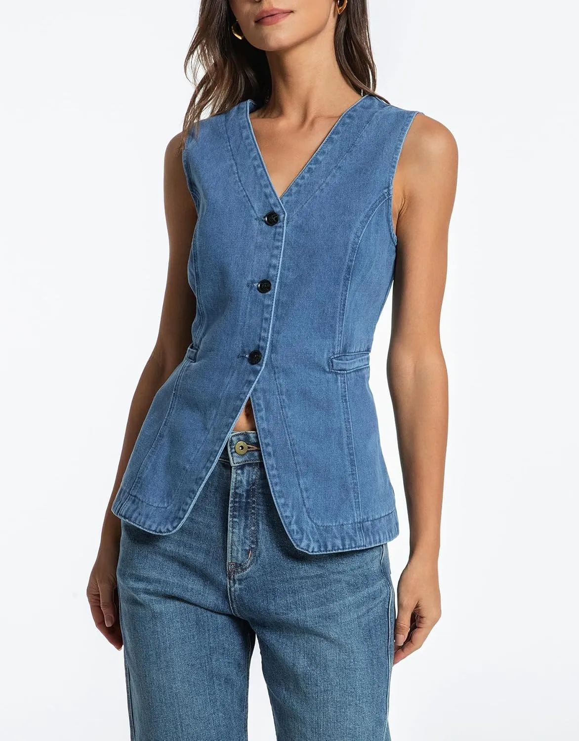 Kedera Denim Vest for Women Button Down Long Jean Waistcoat Casual Sleeveless Denim Jackets Slim Fit Jean Top