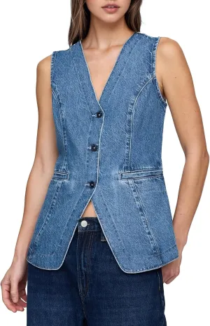 Kedera Denim Vest for Women Button Down Long Jean Waistcoat Casual Sleeveless Denim Jackets Slim Fit Jean Top
