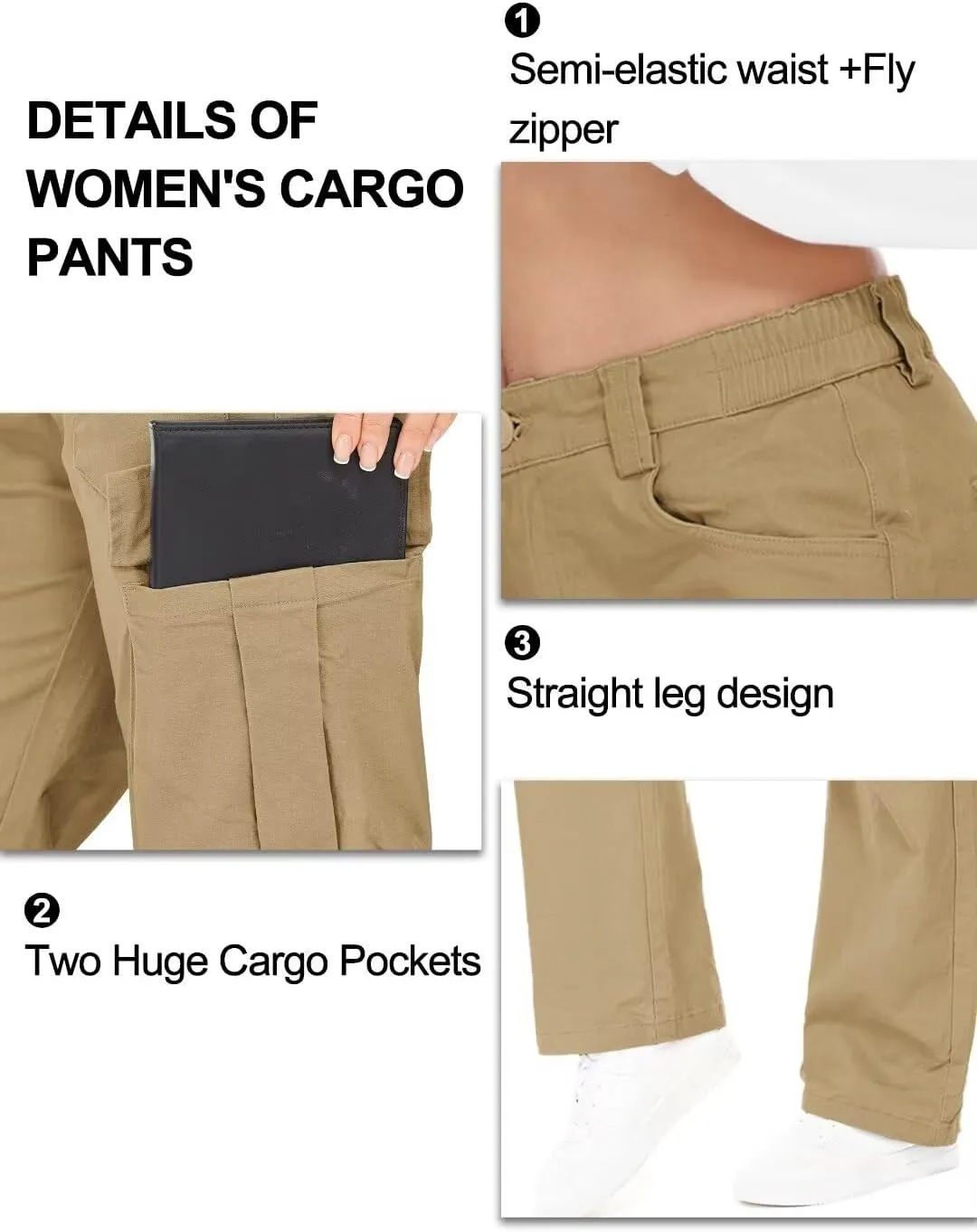 KOCTHOMY Hiking Pants Women Relaxed Fit Cargo Pants Casual Work Pants with Zipper Pockets No Belt