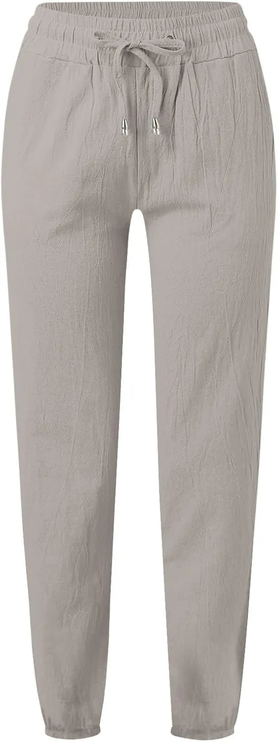 Kubbon Womens Cotton Linen Pants Casual Straight Leg Drawstring Elastic High Waist Trousers Comfy Harem Pants with Pockets