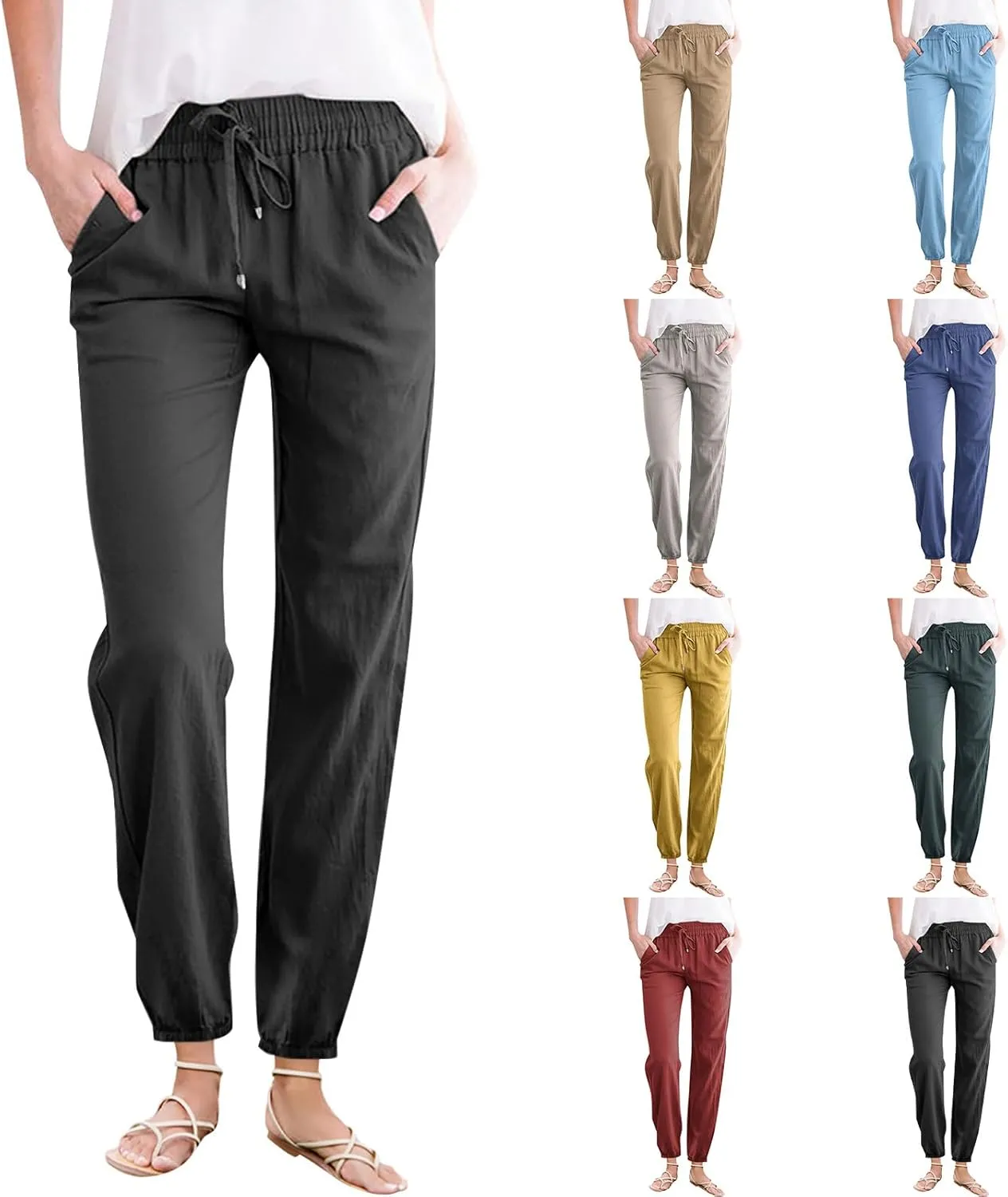 Kubbon Womens Cotton Linen Pants Casual Straight Leg Drawstring Elastic High Waist Trousers Comfy Harem Pants with Pockets