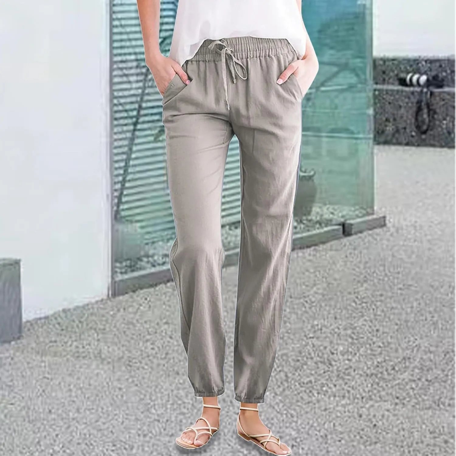 Kubbon Womens Cotton Linen Pants Casual Straight Leg Drawstring Elastic High Waist Trousers Comfy Harem Pants with Pockets