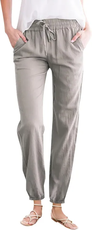 Kubbon Womens Cotton Linen Pants Casual Straight Leg Drawstring Elastic High Waist Trousers Comfy Harem Pants with Pockets
